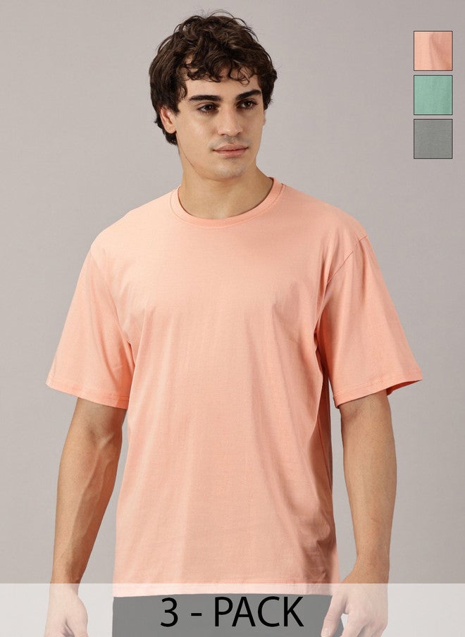 Rodzen Men Pack of 3 Solid Round Neck Pure Cotton Oversized T-shirts - Image 1